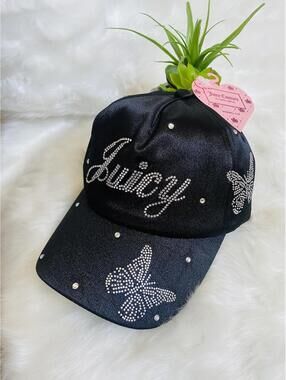 Juicy Couture Black Satin Baseball Cap with Rhinestone Embellishments